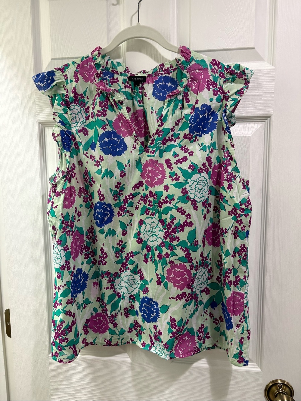 Talbots Mint Floral Sleeveless Ruffle Neck Blouse with Pink & Blue Flowers